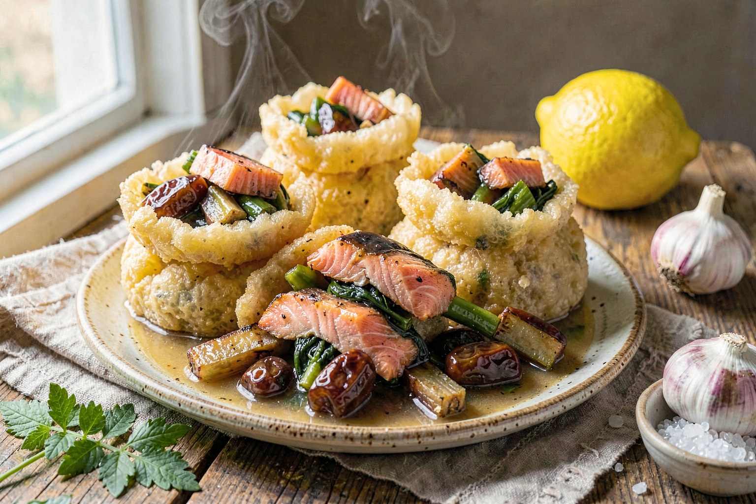 Okinawan Aburaage Pouches Stuffed with Wild Salmon and Miso-Glazed Vegetables