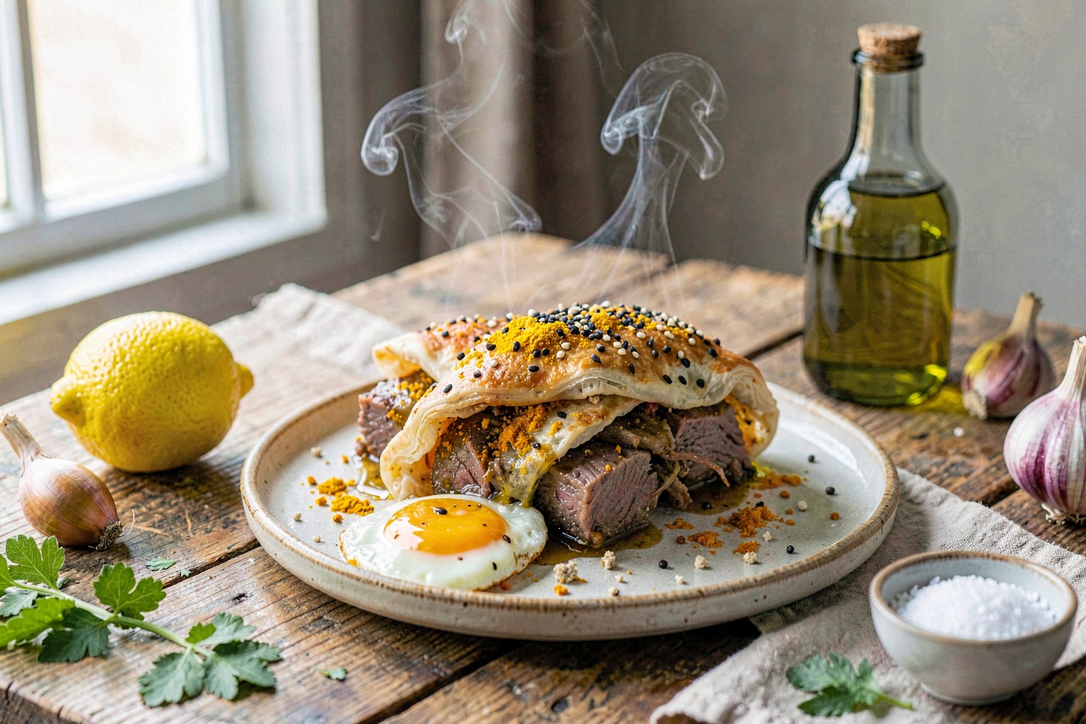 Afouma: Sand-Baked Spiced Lamb Pockets with Fried Egg