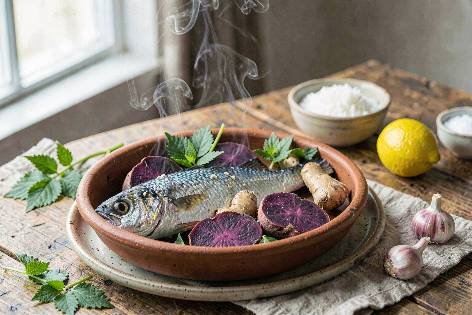 Aji no Suka: Clay-Pot Baked Horse Mackerel with Purple Sweet Potato