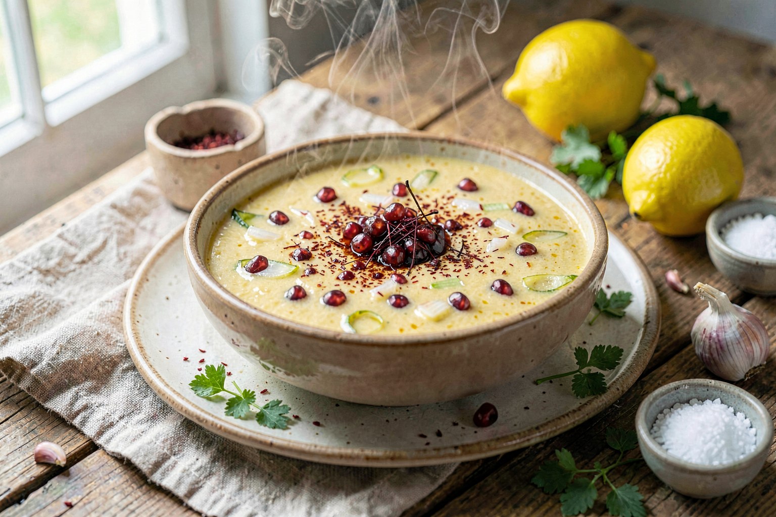 Ash-e-Sabz-e-Boon: Creamy Saffron Spring Onion Soup with Pomegranate Depth
