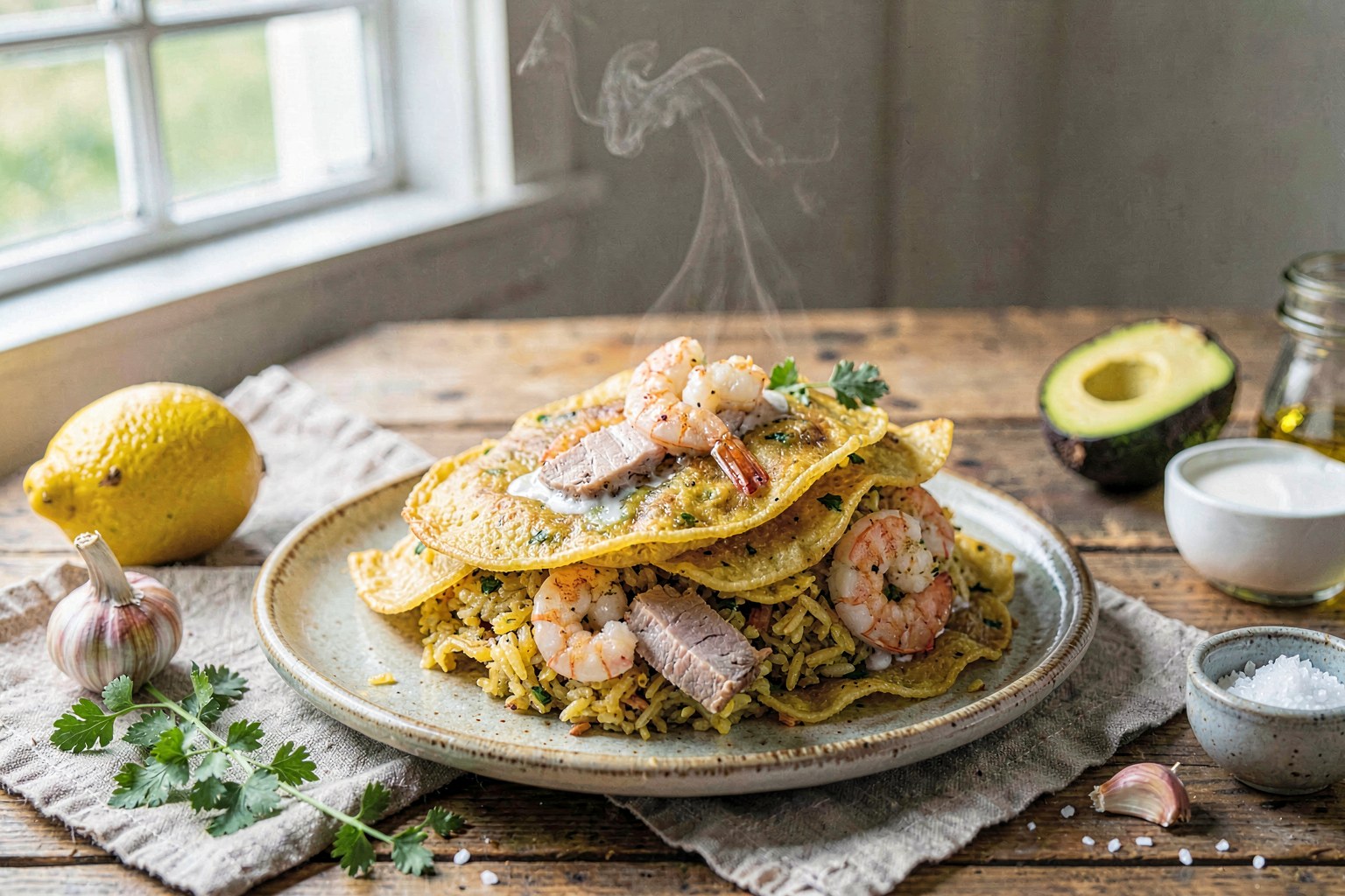 Crispy Turmeric Rice Pancakes with Pastured Pork and Wild Shrimp