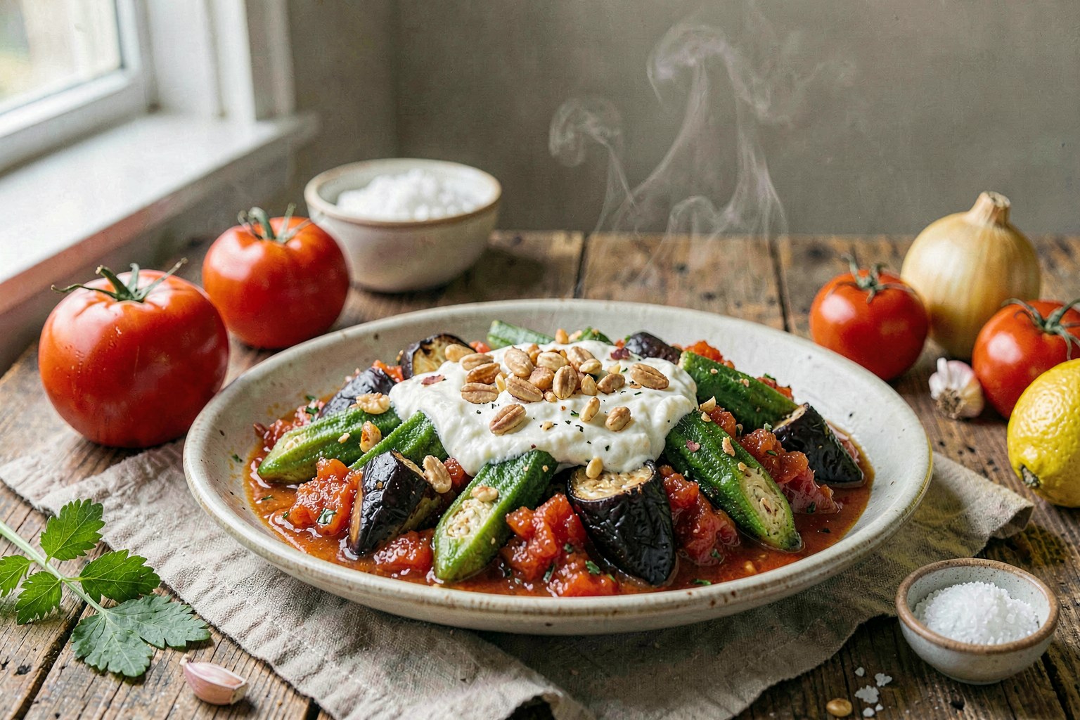 Baked Okra & Eggplant with Sumac Labneh (Bamieh Assiouni)