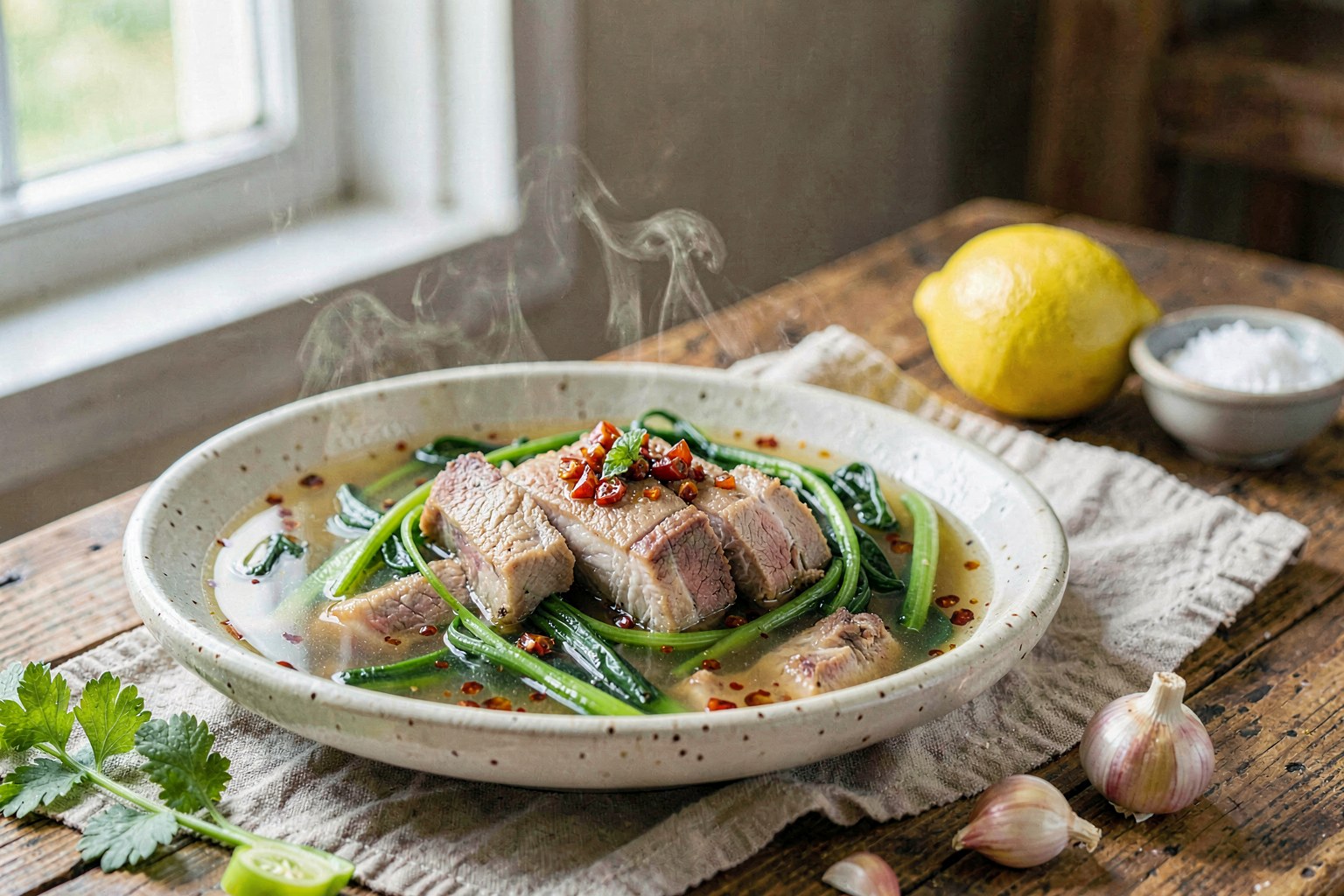 Canh Rau Muống: Grass-Fed Pork Rib & Morning Glory Broth with Chili Oil