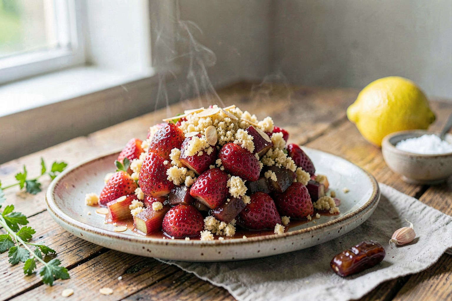 Central Valley Strawberry Rhubarb Crumble with Almond Topping