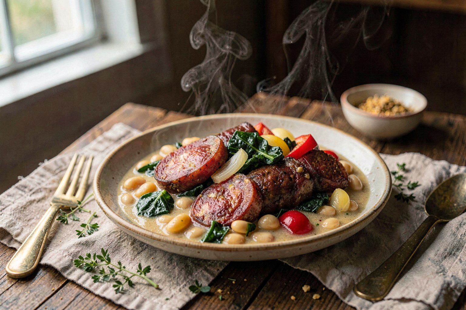 Chorizo de Lugo Stew with White Beans and Greens