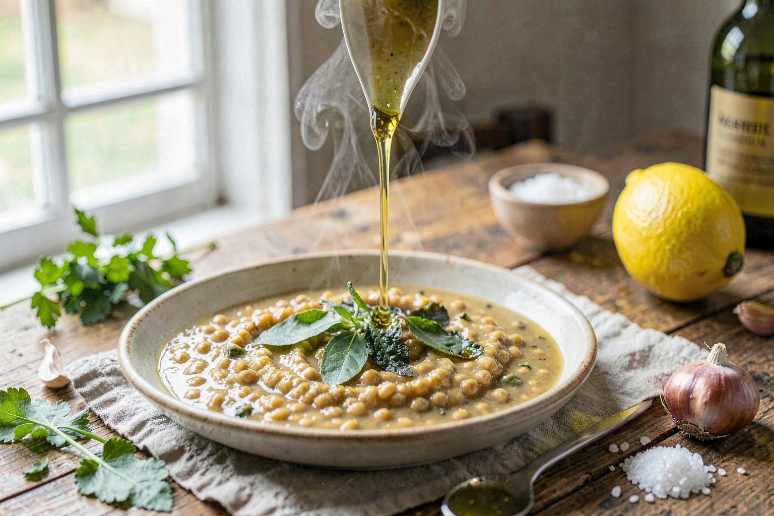 Cretan Fava Soup with Crispy Wild Greens & Golden Olive Oil