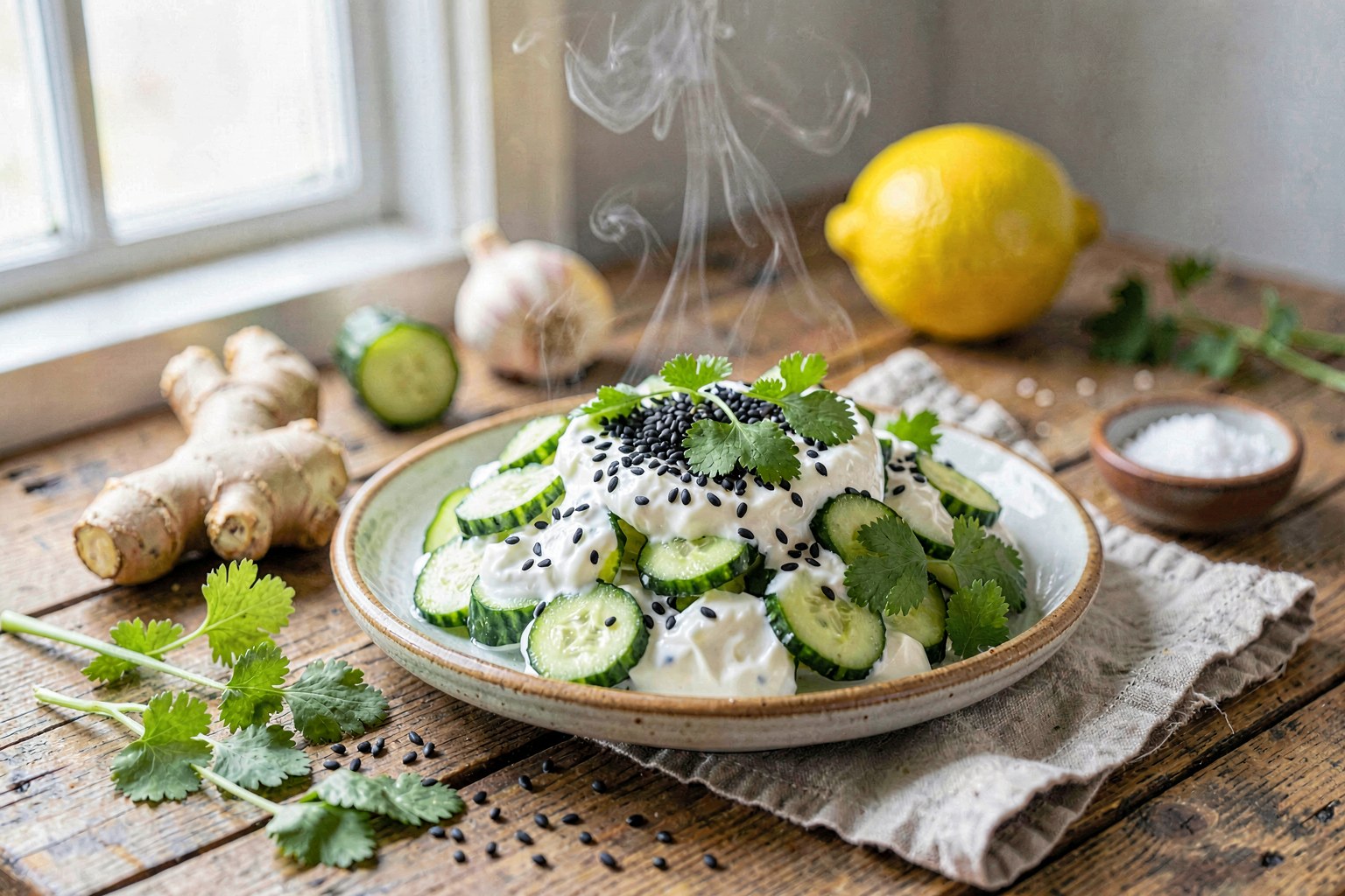 Cooling Cucumber & Black Salt Raita with Ginger and Sesame