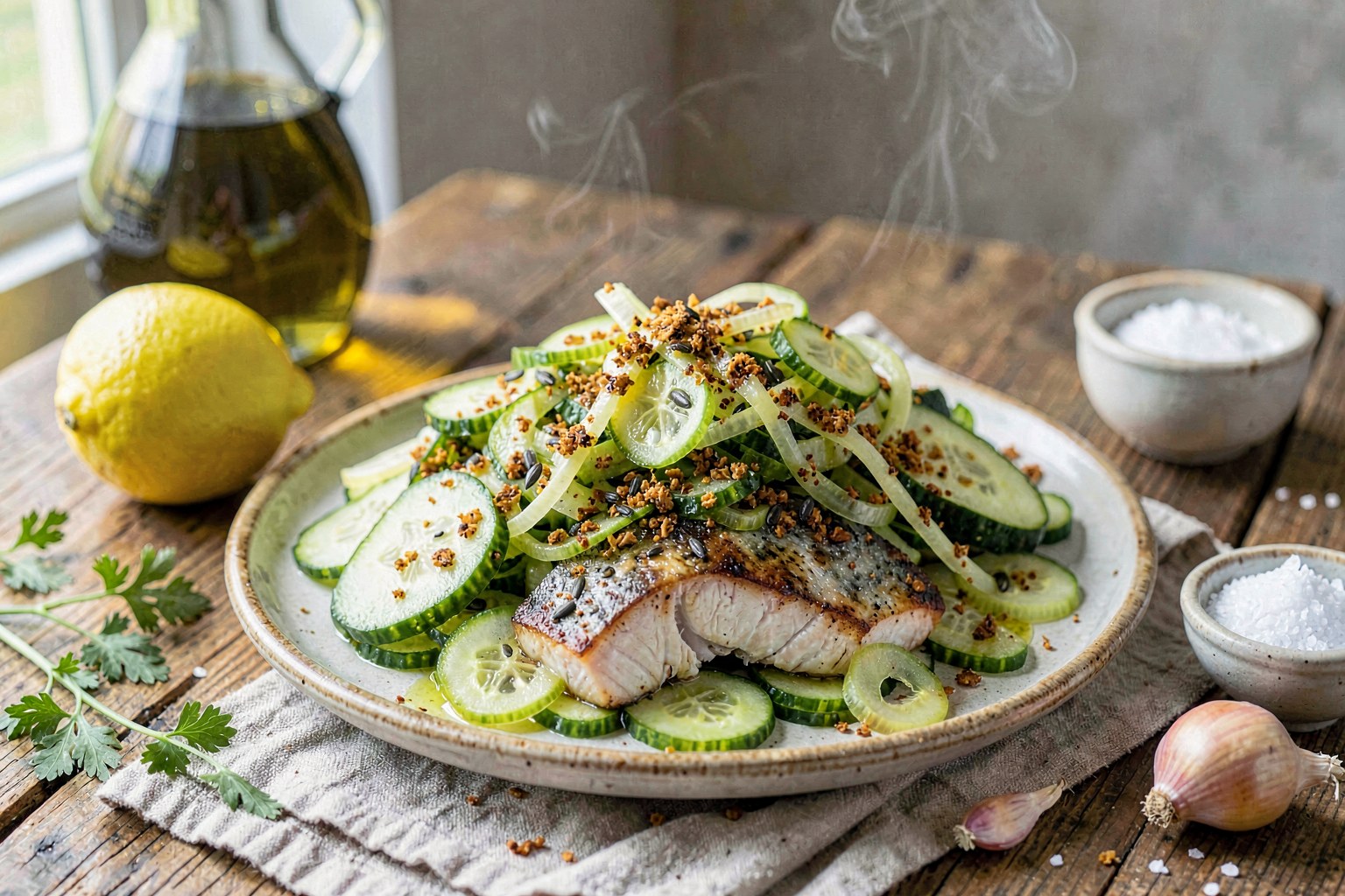 Cucumber Fennel Salad with Roasted Fennel Dust & Wild Cod