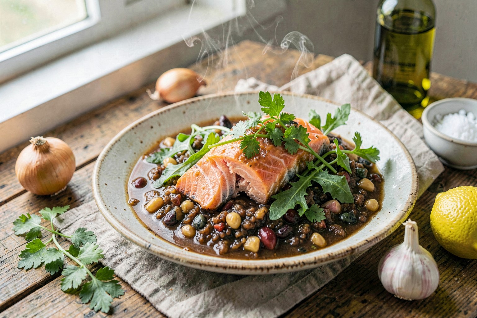 Slow-Simmered Doenjang Jjigae with Wild-Caught Salmon & Garden Greens