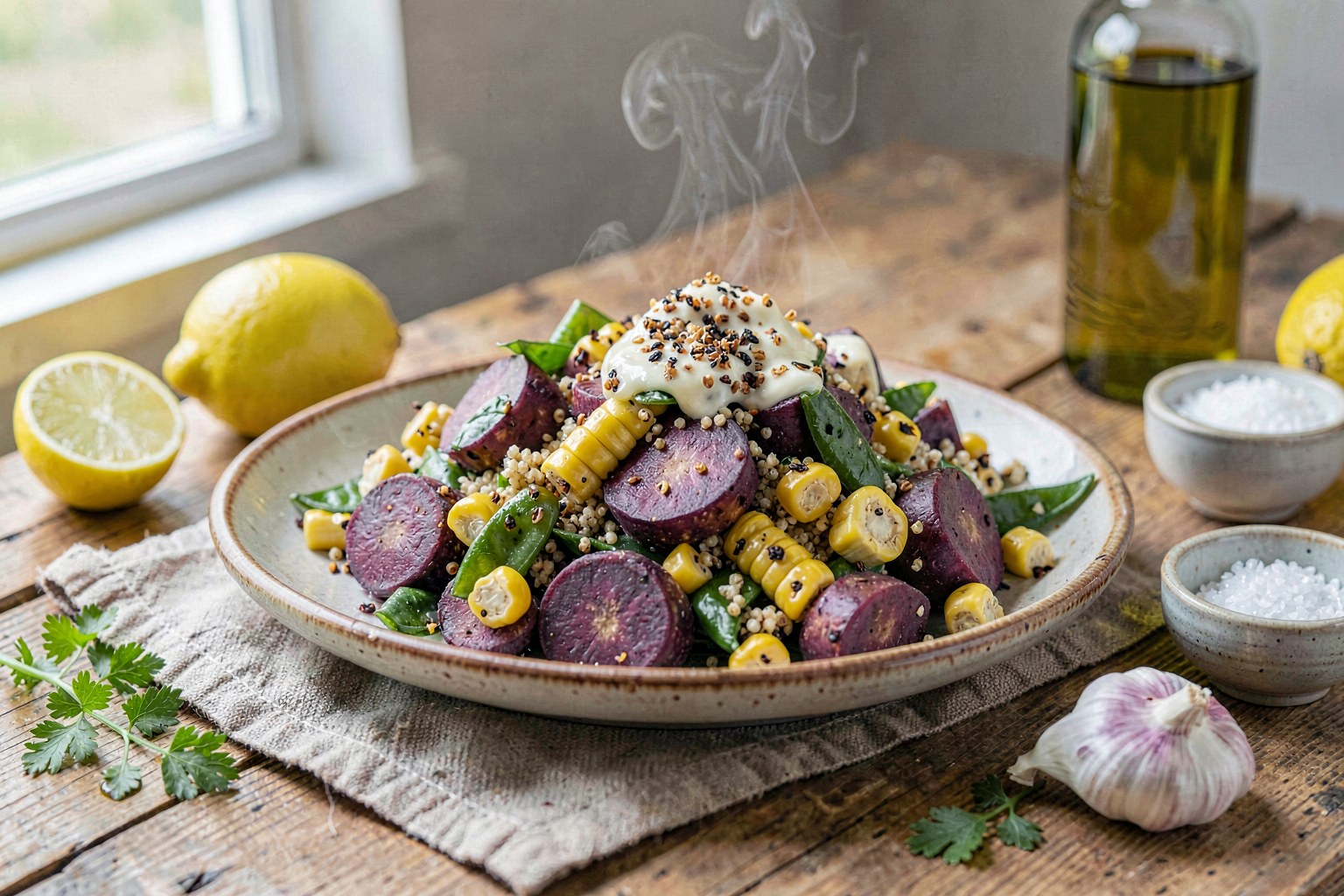 Andean Oca & Roasted Corn Salad with Toasted Quinoa & Lime-EVOO Dressing