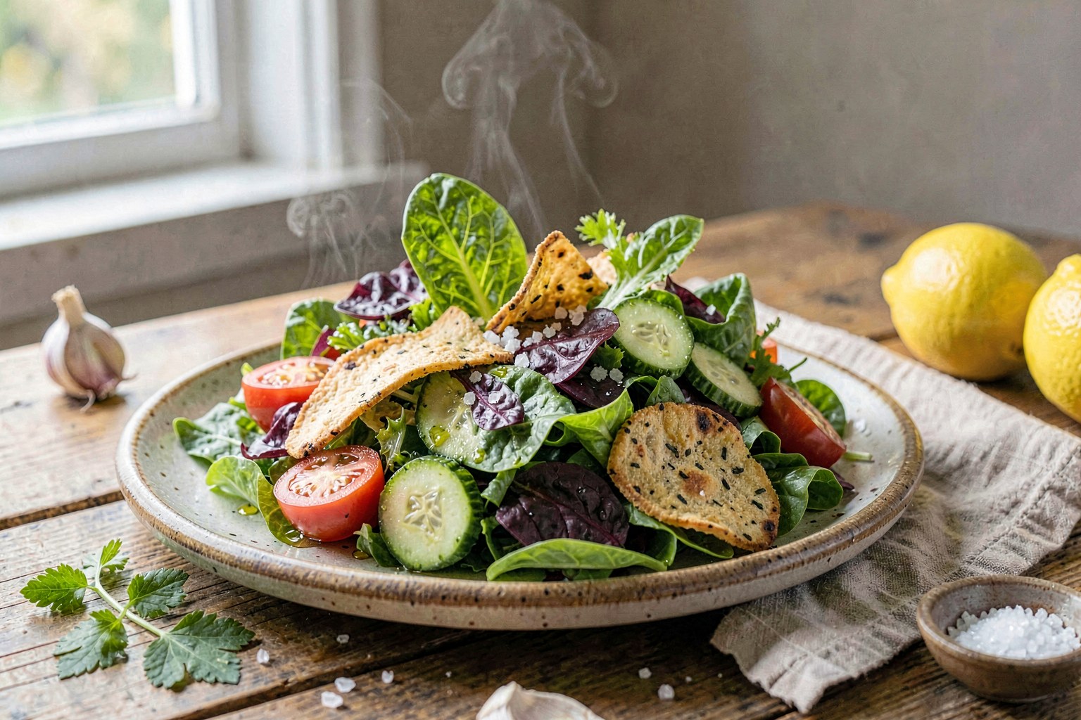 Levantine Garden Fattoush with Herb-Infused Pita Crisps