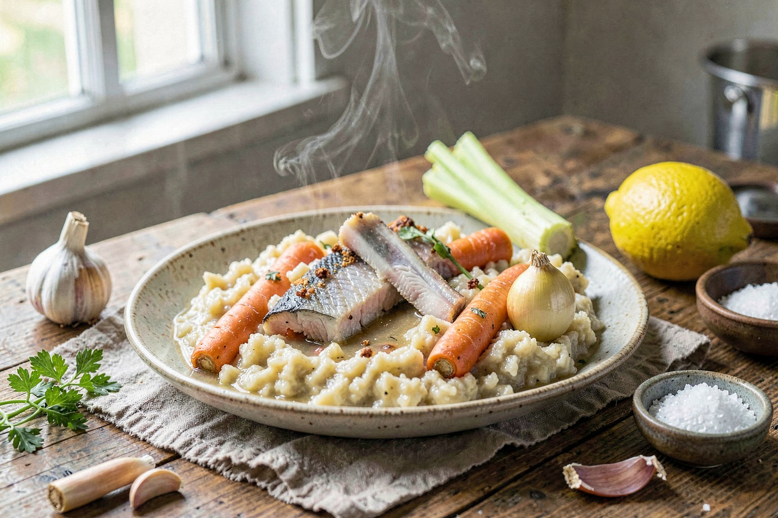 Slow-Poached Nordic Fiskegrøt with Crispy Rye