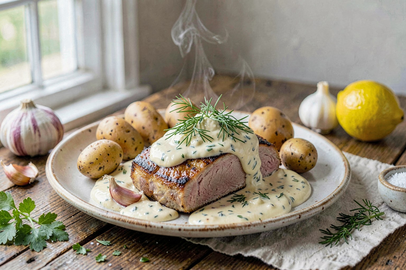 Pasture-Raised Pork Fillet with Herb Cream Sauce & New Potatoes