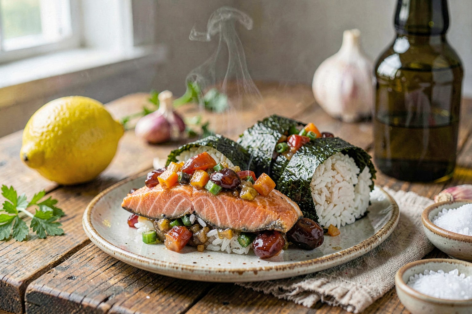 Seaweed-Wrapped Salmon & Kimchi Gimbap with Fermented Rice