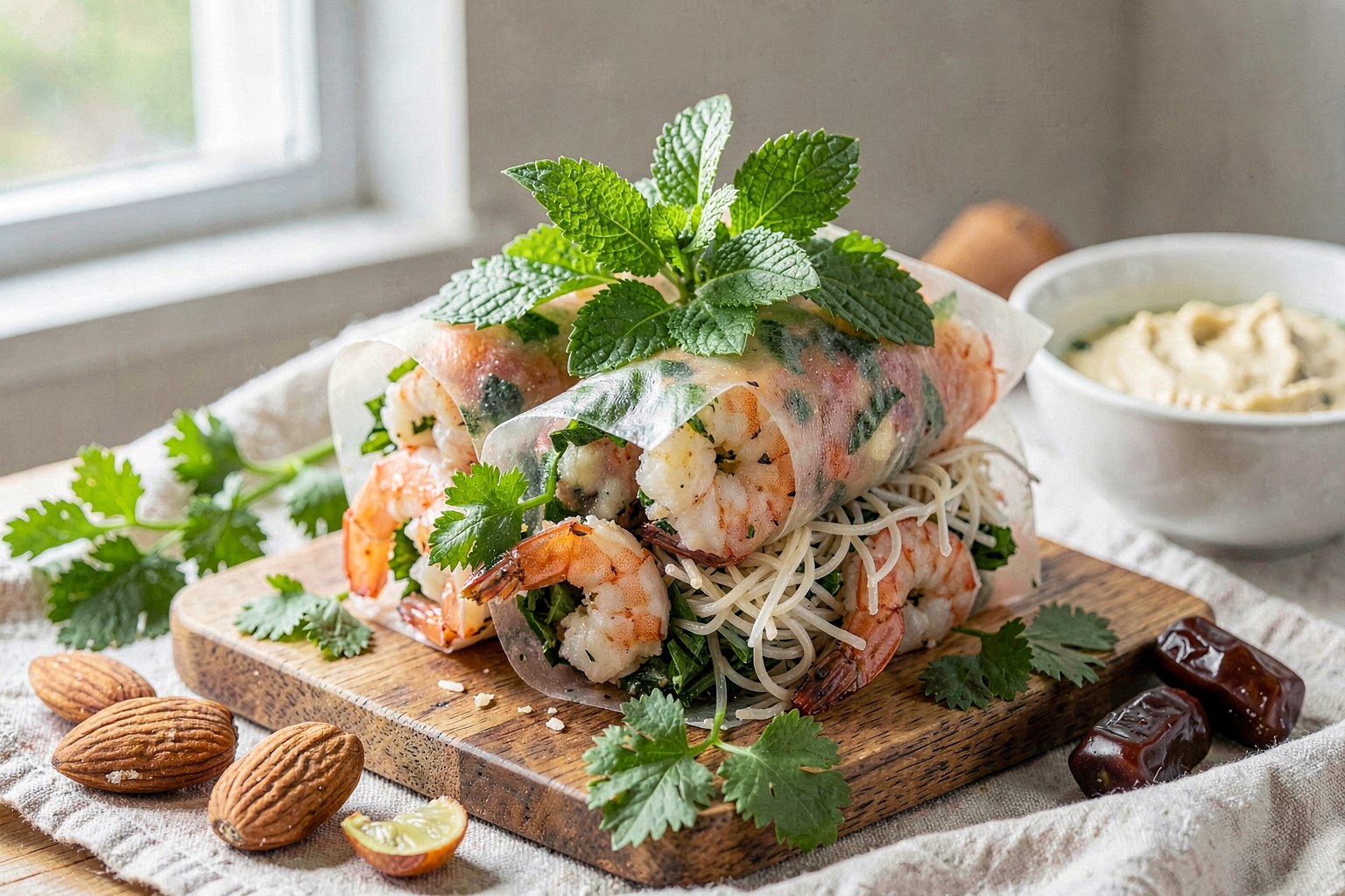 Goi Cuon — Shrimp & Herb Summer Rolls with Almond-Herb Dipping Sauce