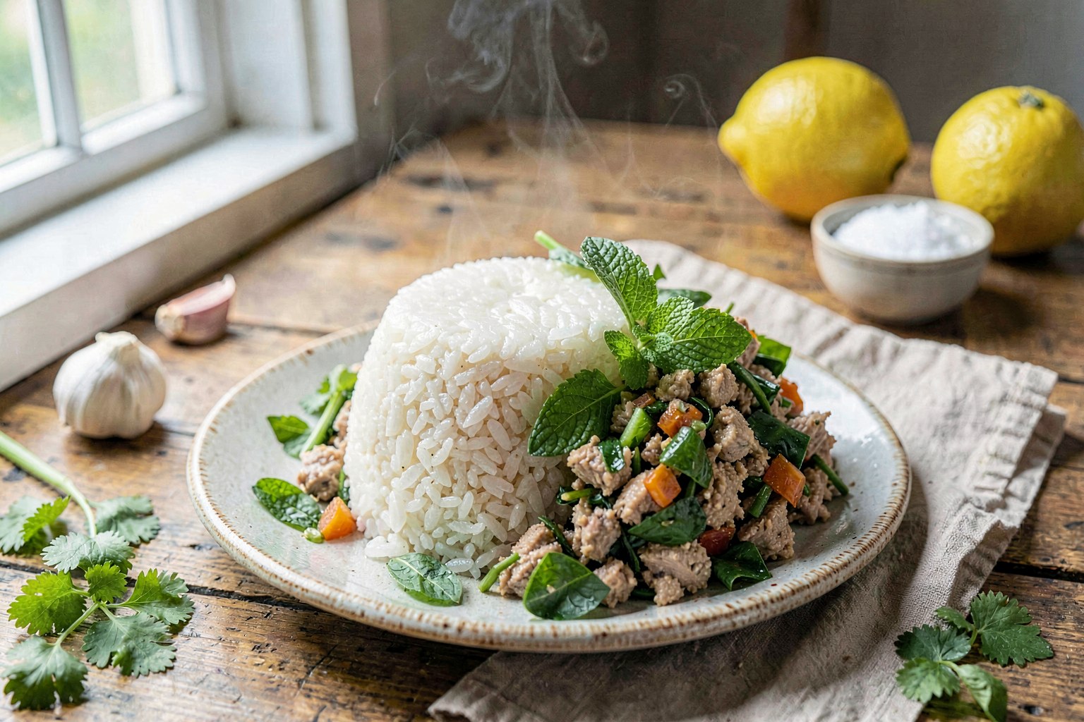 Khao Niew Sai O (Sticky Rice with Herb-Dressed Chicken Salad)