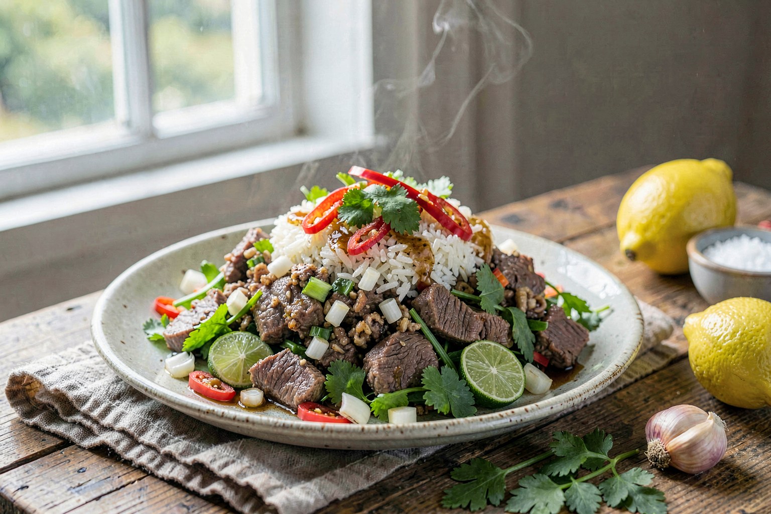 Larb Maa: Grass-Fed Beef & Fresh Herb Salad with Toasted Rice