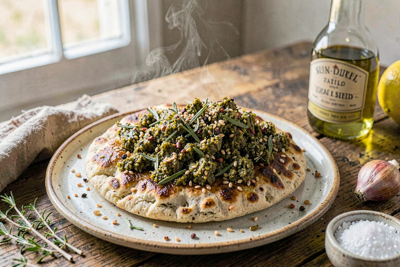 Sun-Drenched Za'atar Manakish with Cold-Pressed Olive Oil