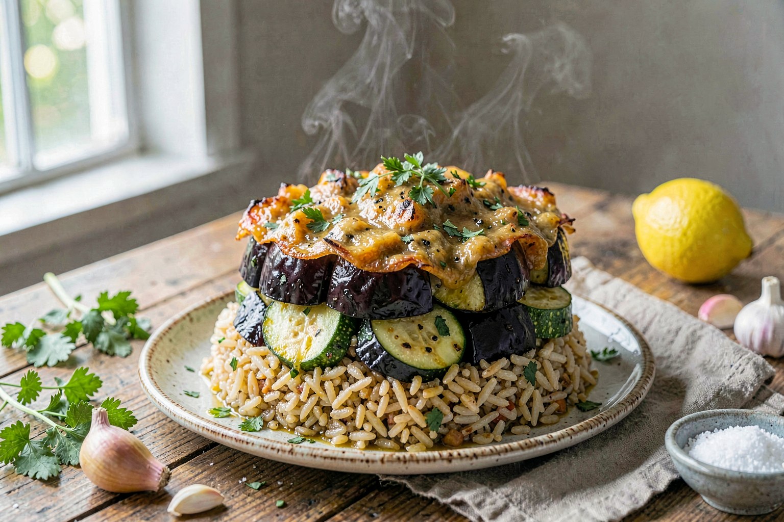 Levantine Garden Maqluba with Roasted Eggplant and Sumac Rice