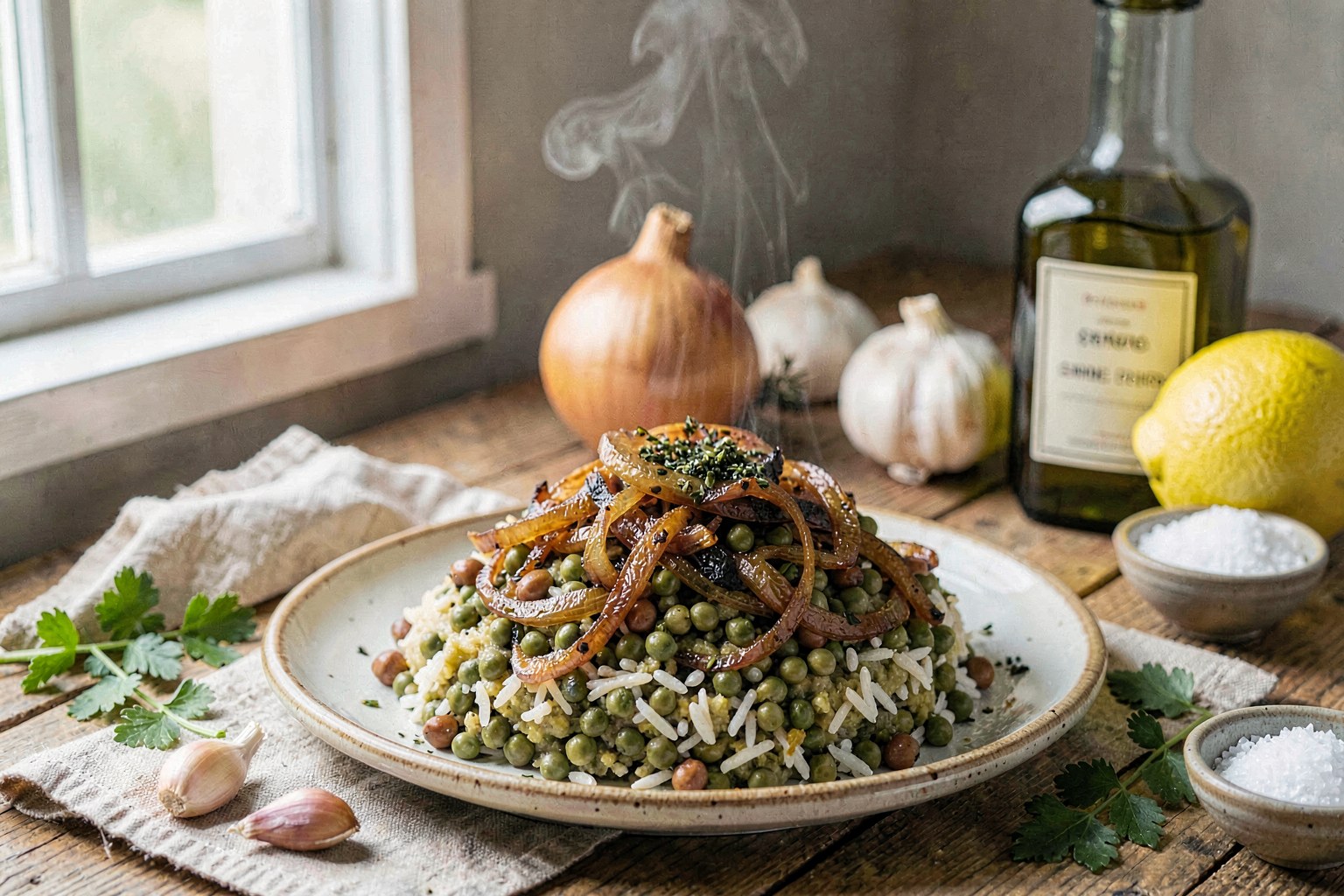 Caramelized Onion Mujadara with Sumac Oil