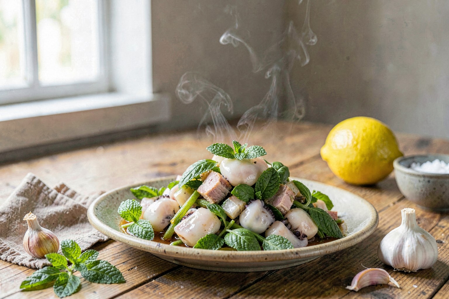 Pad Prai Pak Bombong (Thai Basil with Diced Squid and Mint)