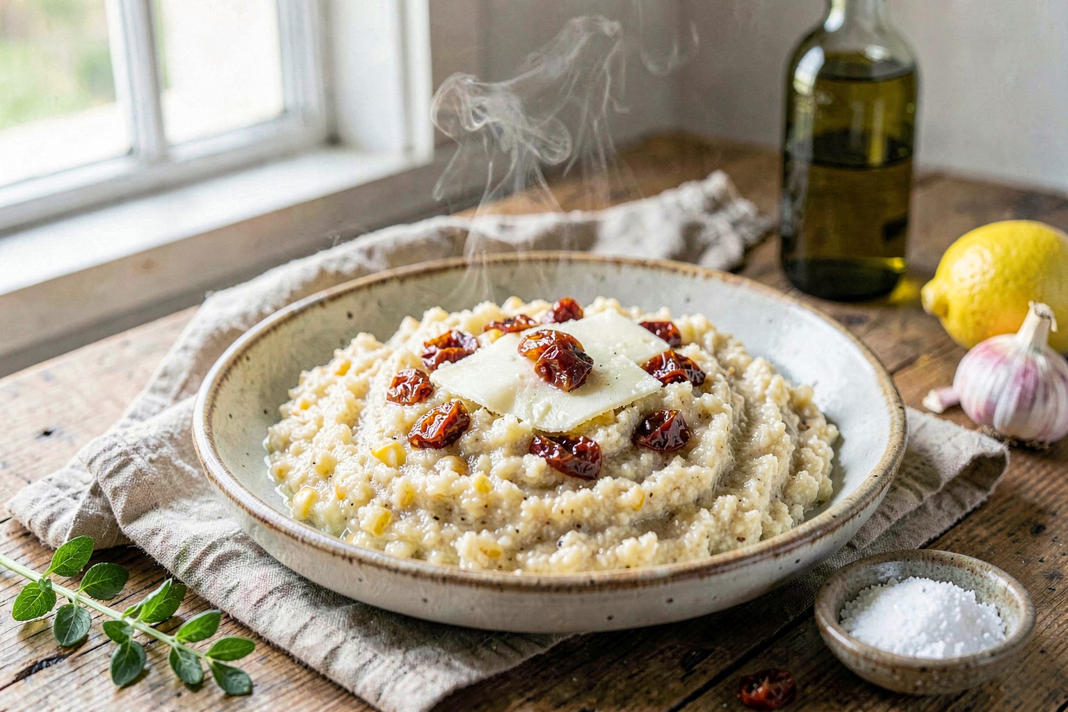 Polenta alla Sarda: Creamy Cornmeal with Aged Pecorino & Sun-Dried Tomatoes