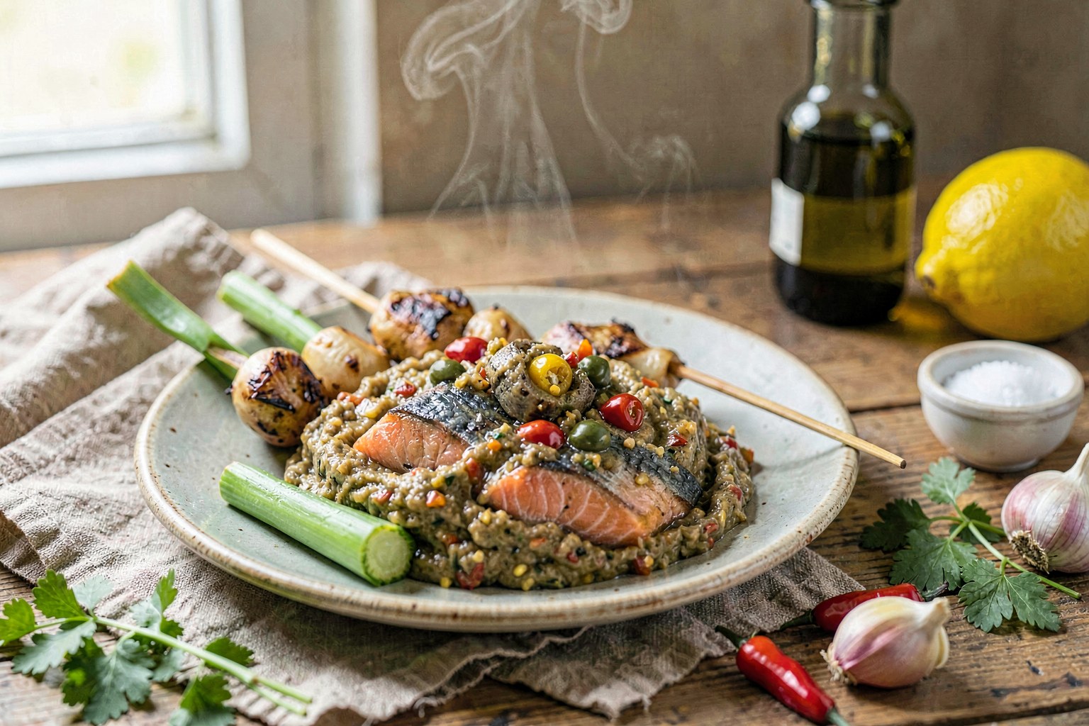 Prik Nam Pla: Farm-Fresh Thai Chili-Anchovy Dip with Grilled Skewers