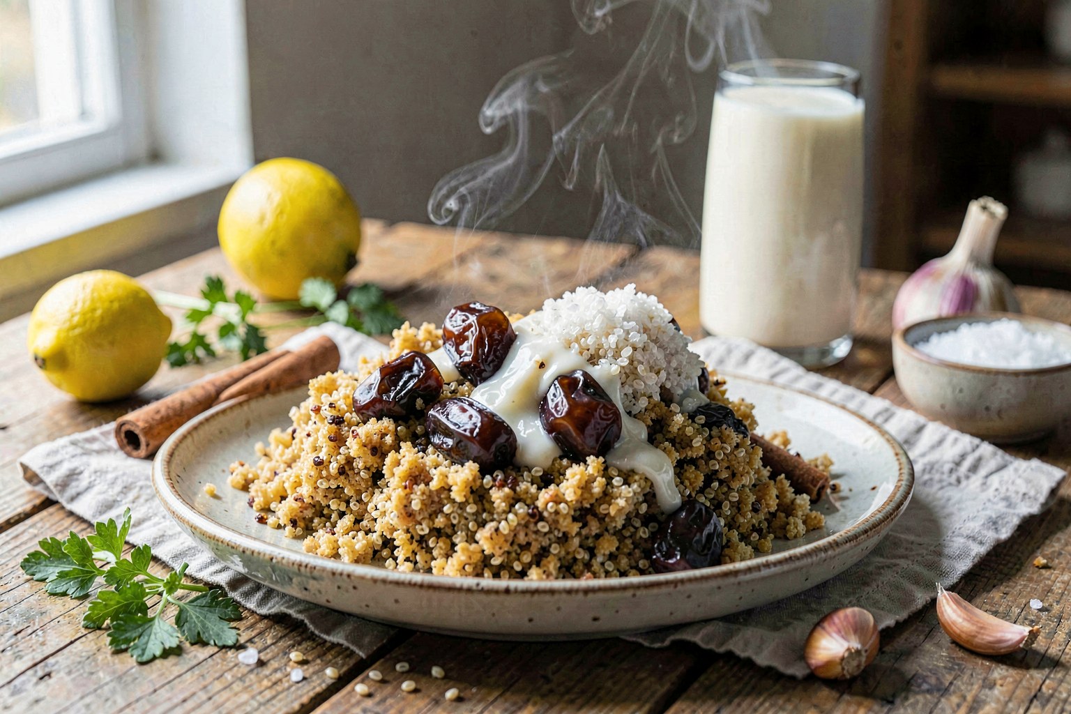 Crispy Toasted Quinoa Gofio with Warm Almond Milk & Date Syrup