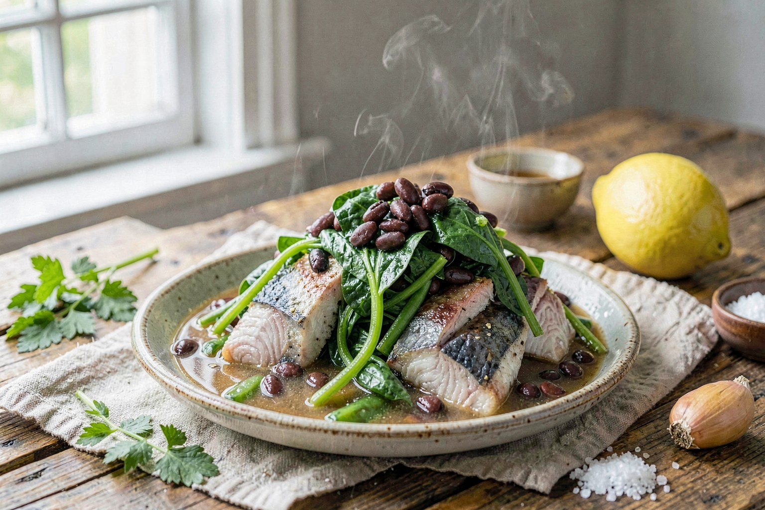 Rau Muong (Water Spinach) with Fermented Bean Broth and Quick-Pickled Green Beans
