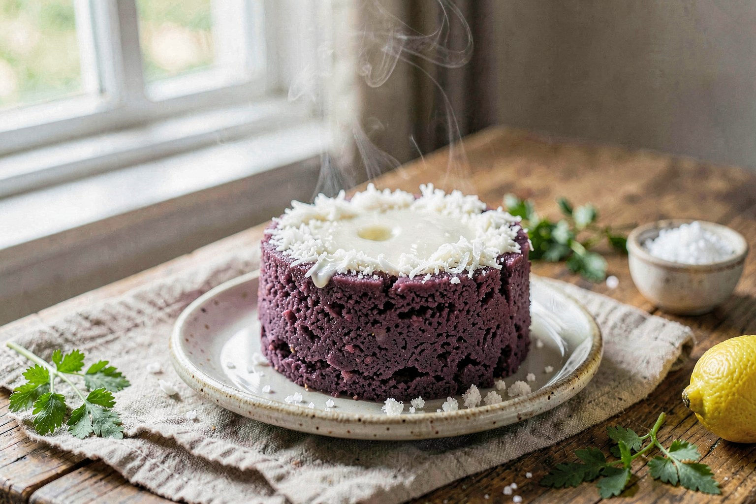 Sai: Steamed Purple Sweet Potato Cake with Coconut