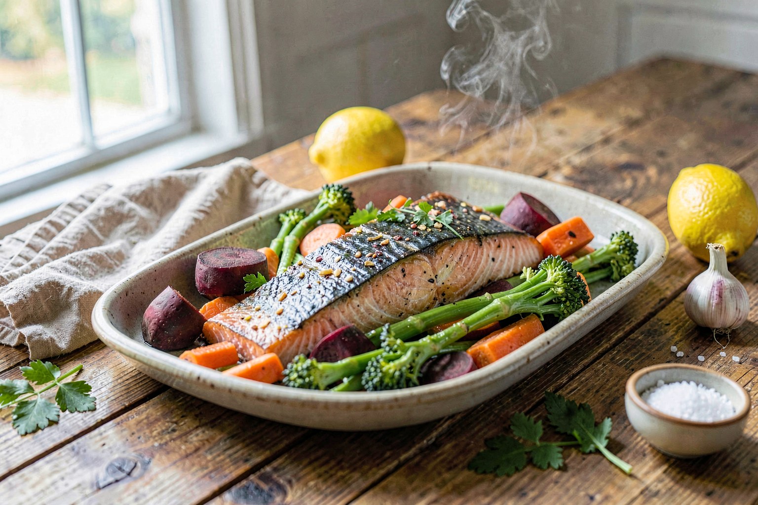 Sheet-Pan Wild Sockeye with Roasted Roots & Herb-Infused EVOO