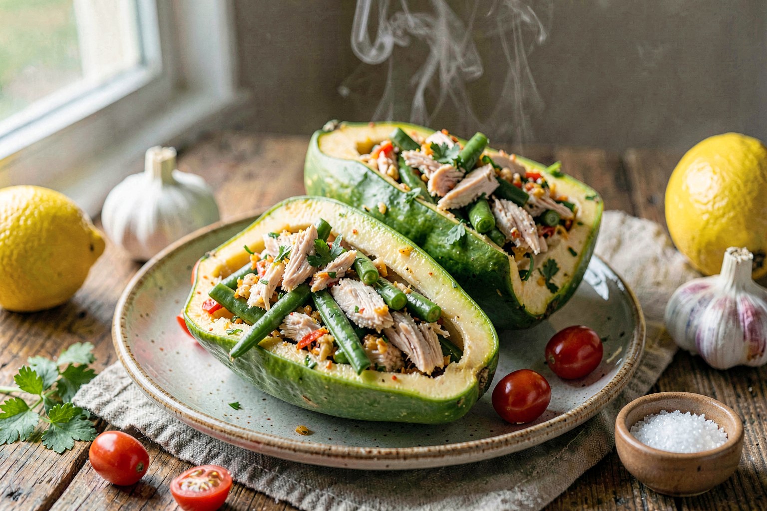 Som Tum Pa (Stuffed Papaya Salad with Chicken and Herbs)