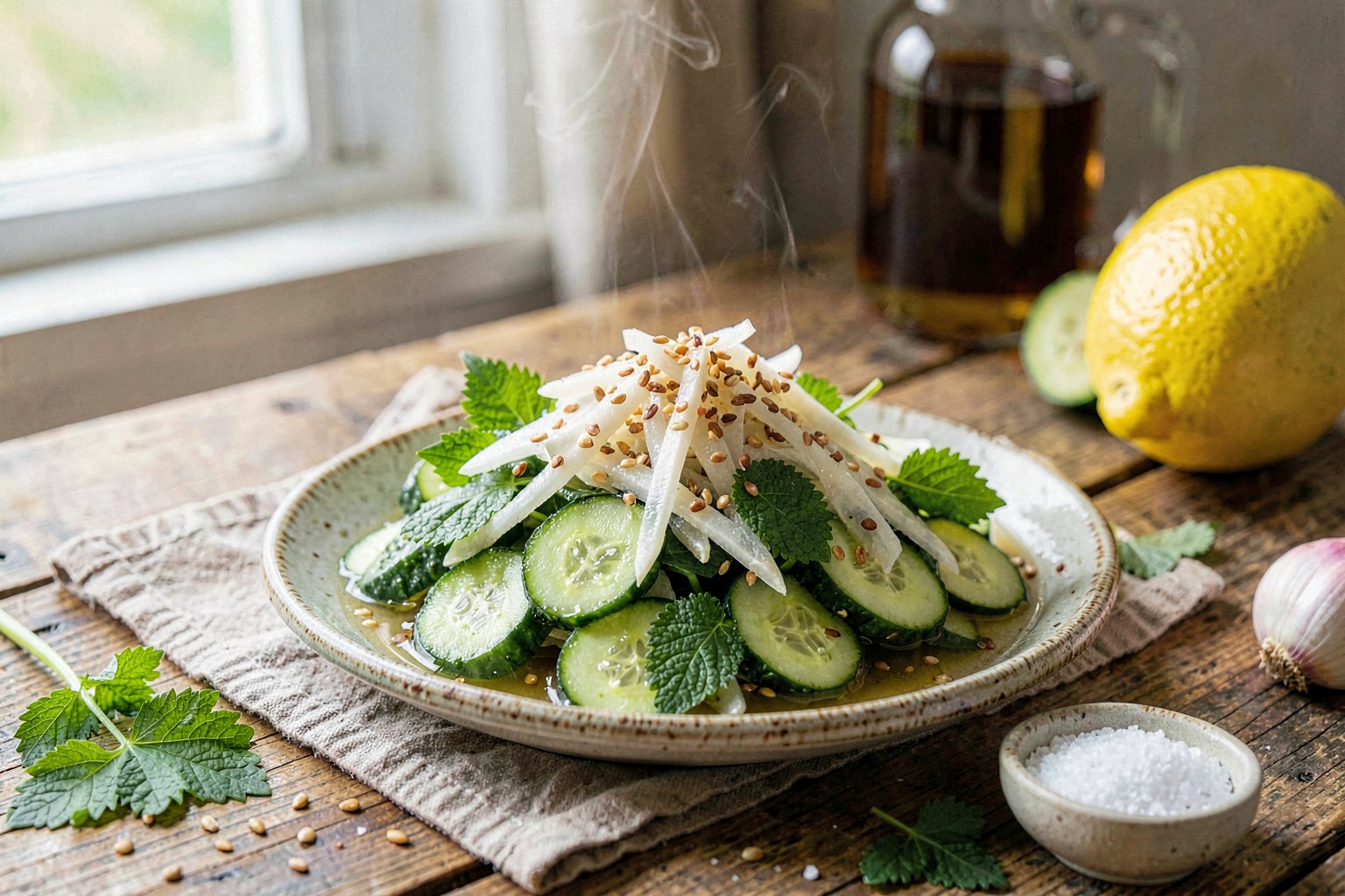 Sunomono: Vinegared Cucumber & Daikon with Toasted Sesame
