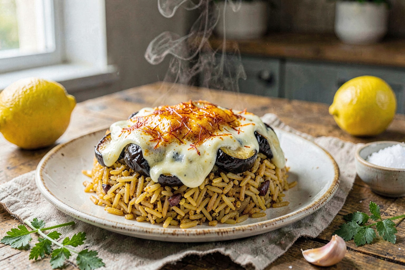 Tahchin-e-Abhar (Persian Golden Rice & Eggplant)