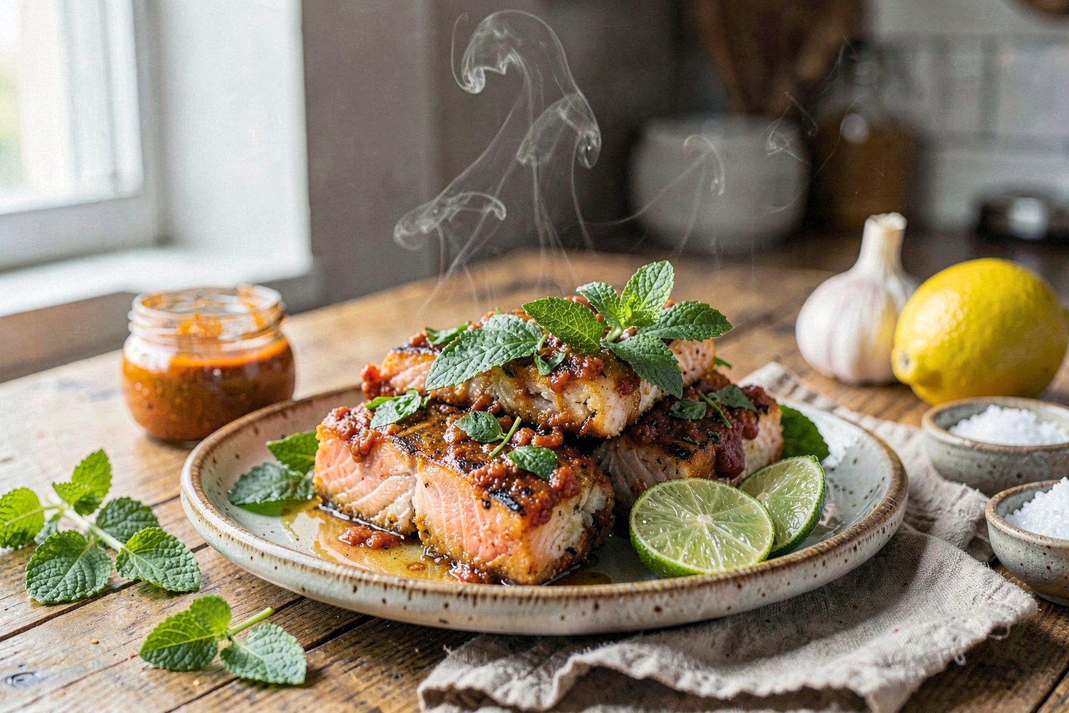 Tod Man Pla (Thai Fresh-Herb Fish Cakes) with Lime-Mint Infusion