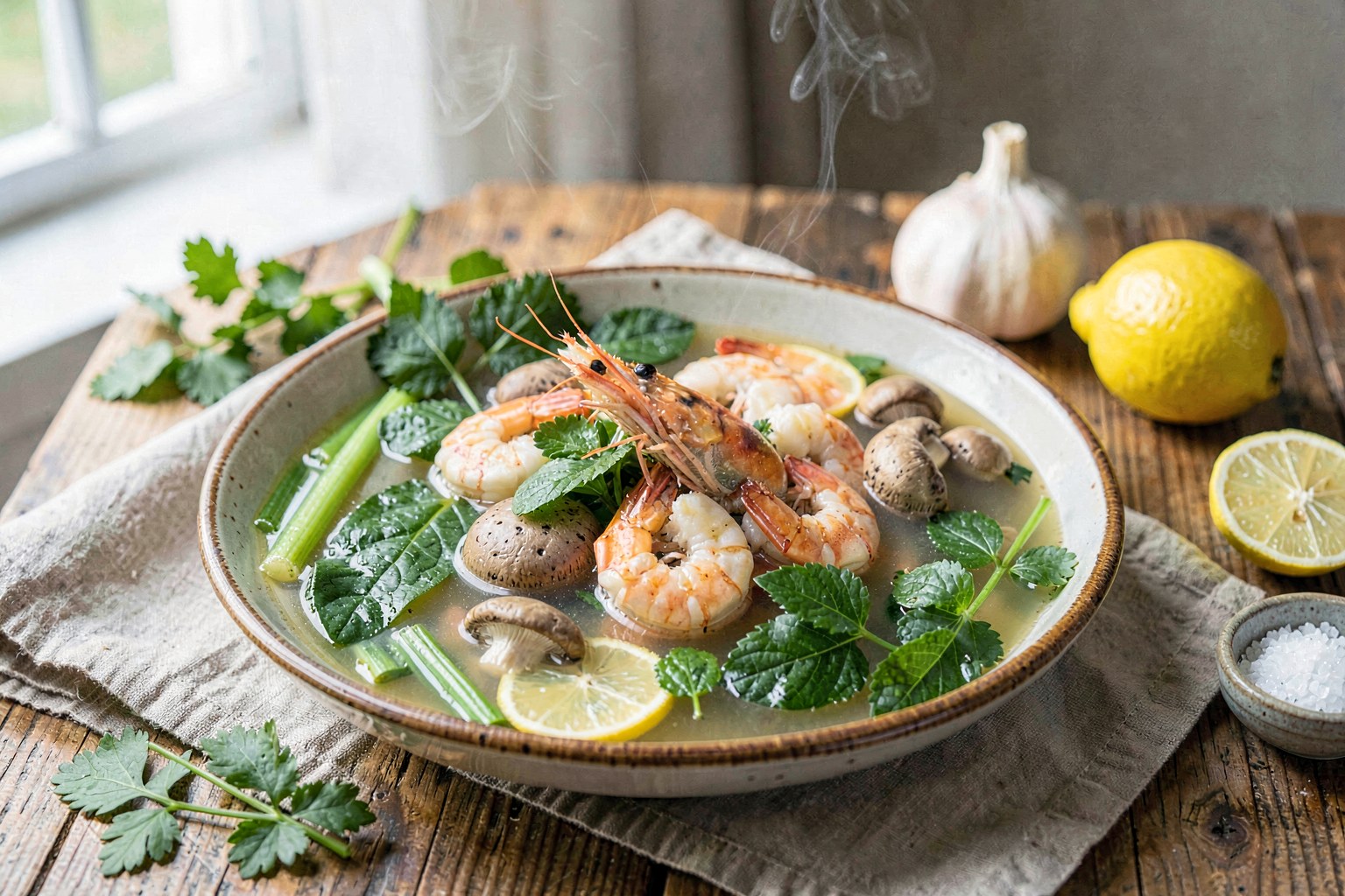 Clear Tom Yum Broth with Wild Shrimp & Fresh Herbs