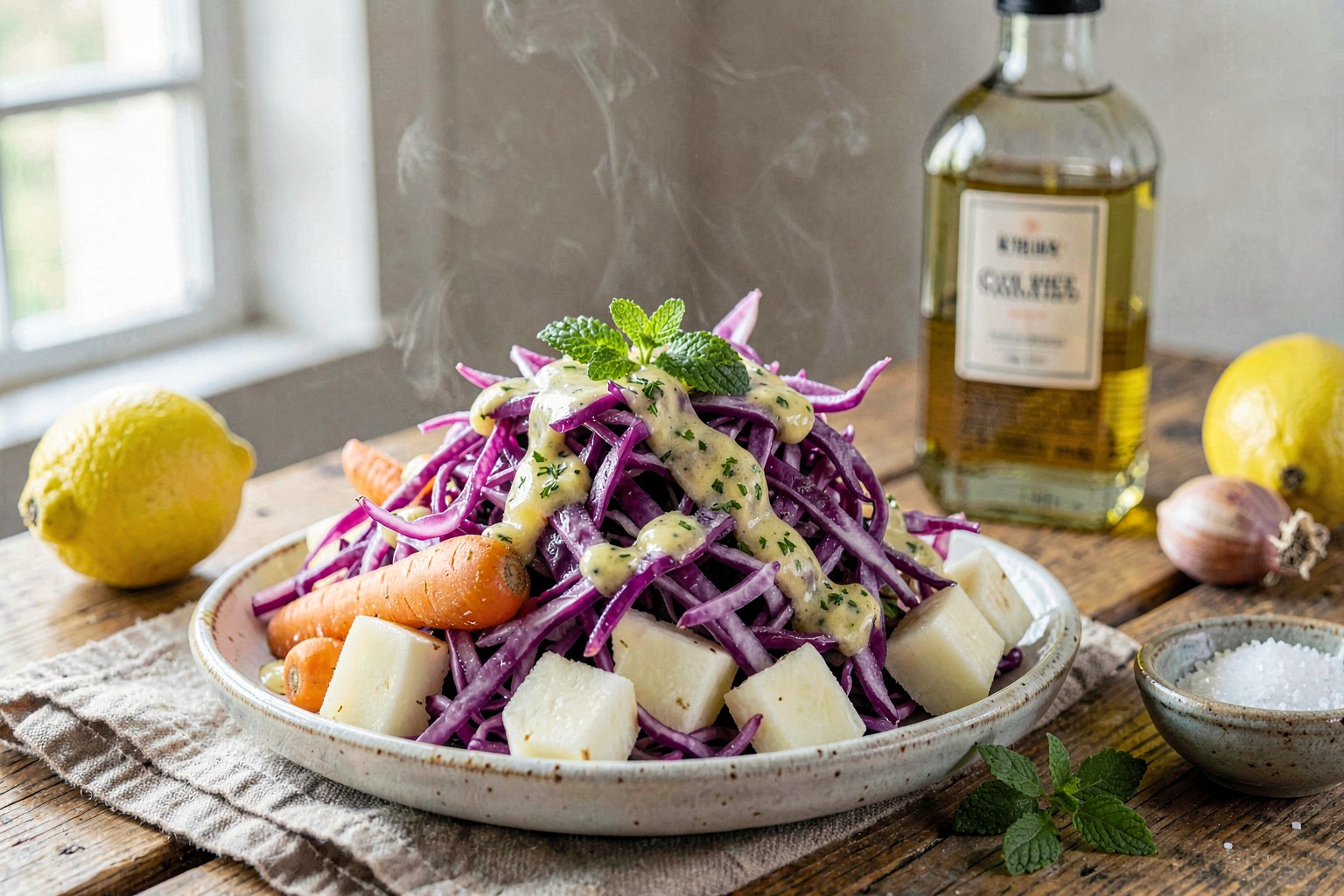 Shredded Cabbage and Turnip Tsebhi with Lemon-Mint Dressing