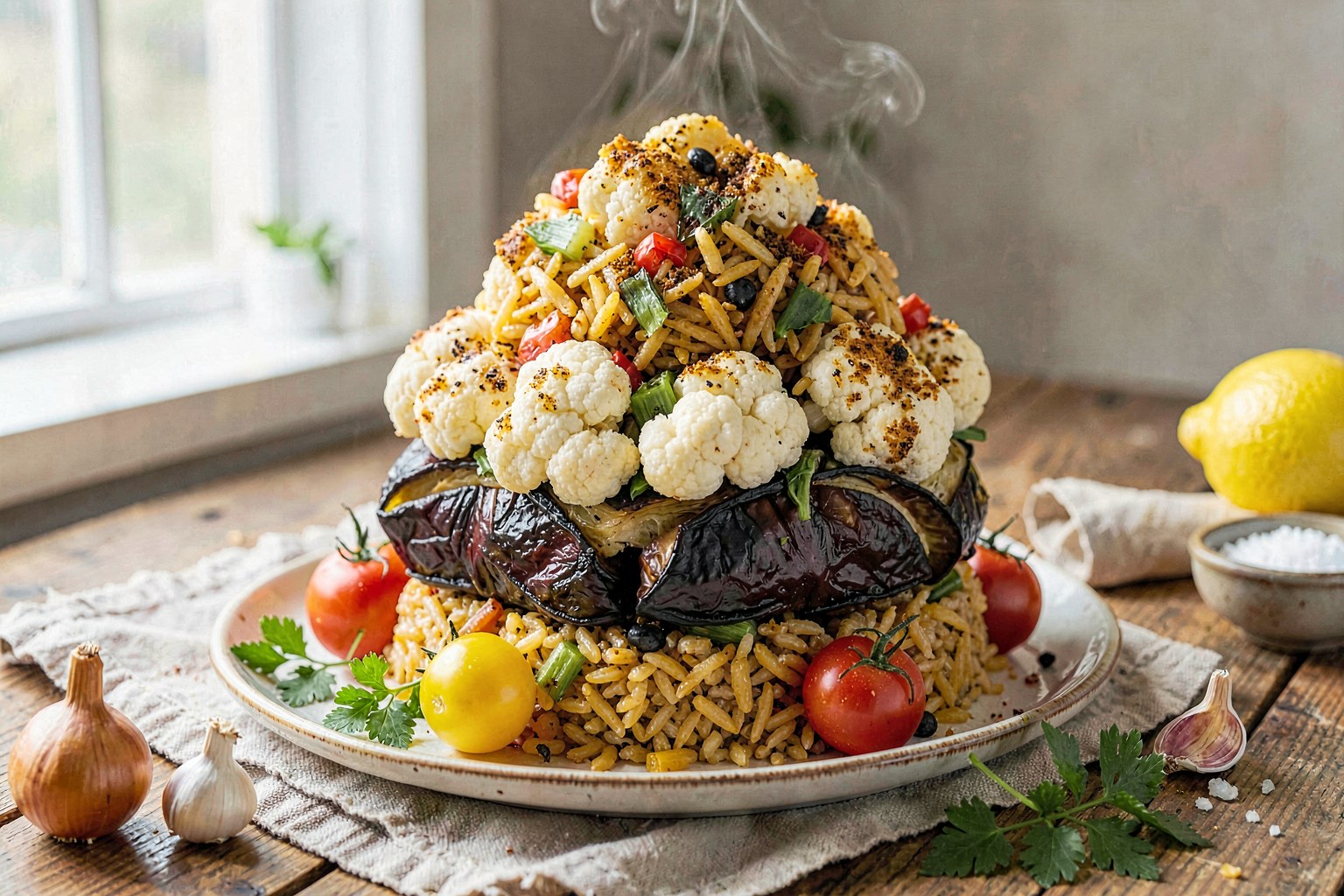 Levantine Garden Vegetable Maqluba with Roasted Eggplant and Spiced Rice