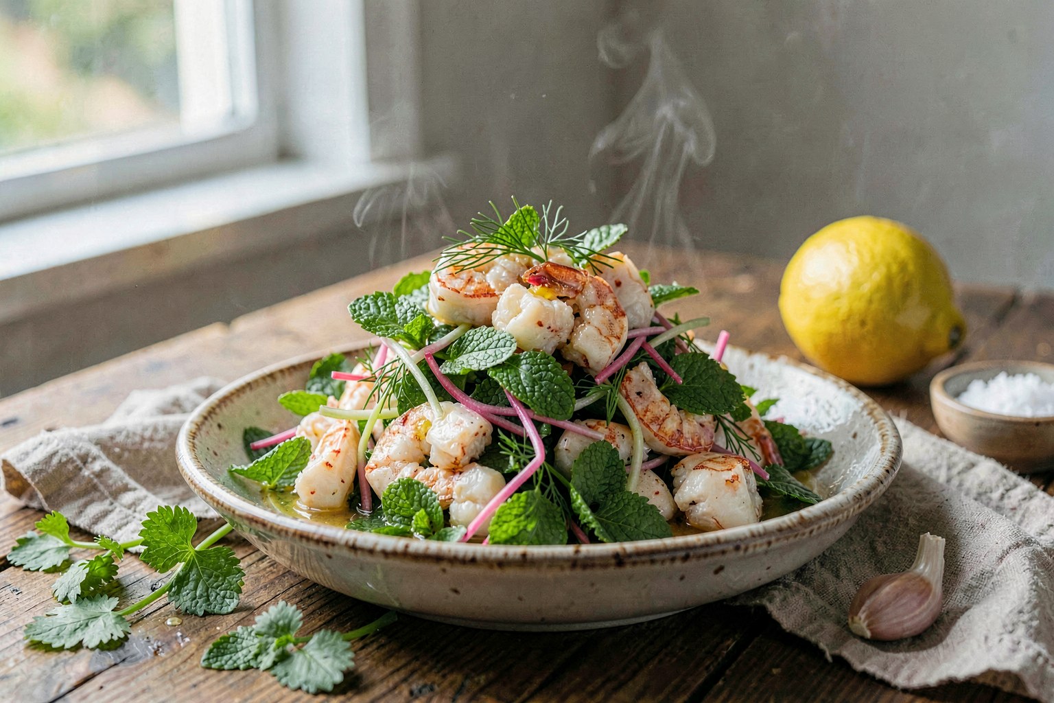 Yum Paphak Lek: Wild Crab Salad with Radish Sprouts and Mint